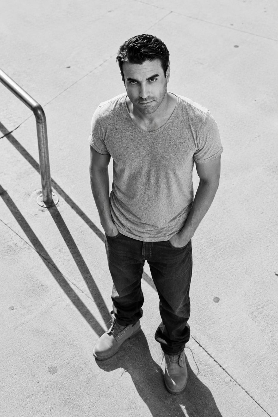 Overhead shot of A.J. Castro in a T-shirt and jeans