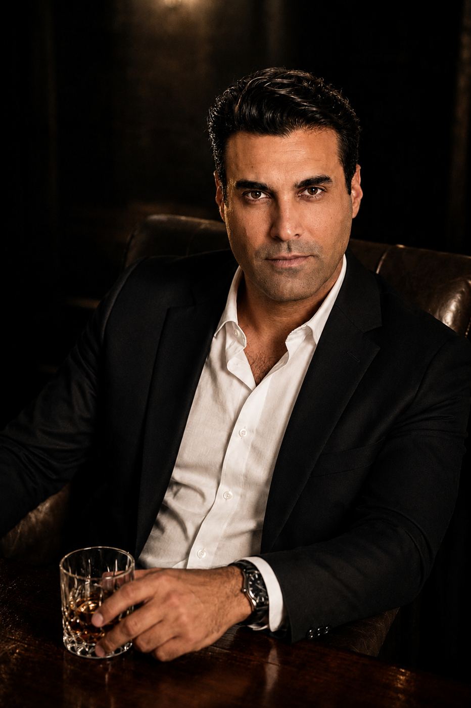 A.J. Castro in a dark suit and open collar, holding a whiskey glass